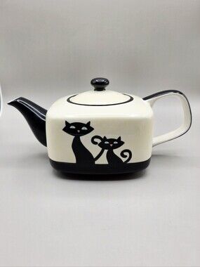 HuesNBrews "Cattitude" Black Ceramic Cat Teapot, Discontinued